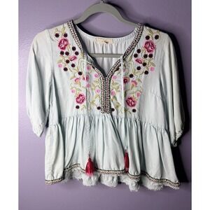 C&V Chelsea & Violet Boho Embroidered Peplum Top Women's Small Cottagecore